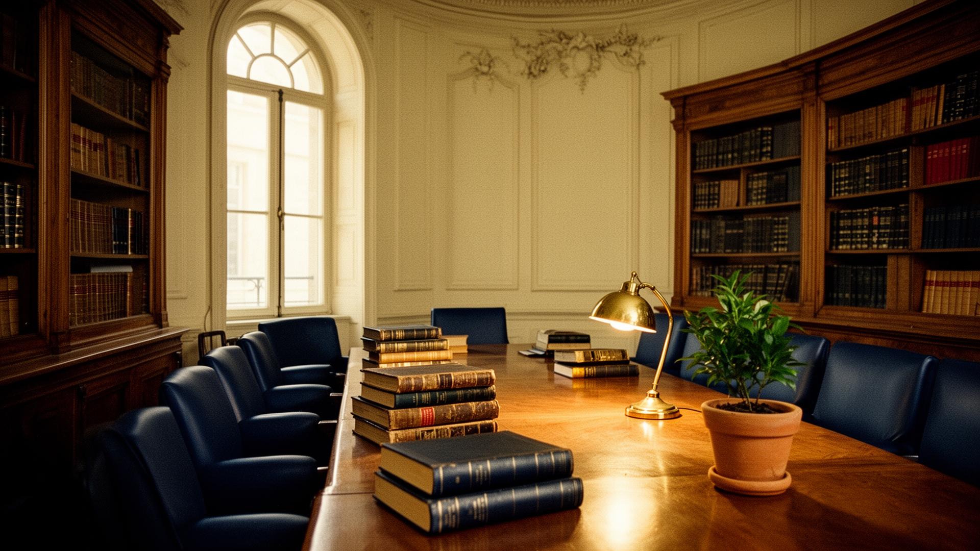 Sala de despacho clásico con biblioteca de madera, mesa de roble con tomos jurídicos, lámpara de latón y sillas de cuero azul marino.