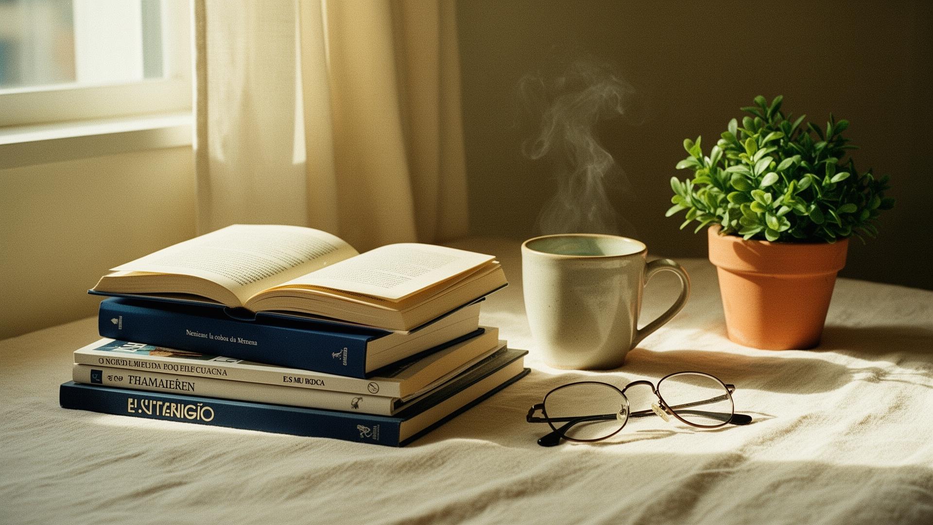 Bodegón cálido con libros, una taza humeante y una planta verde sobre mantel de lino vainilla.
