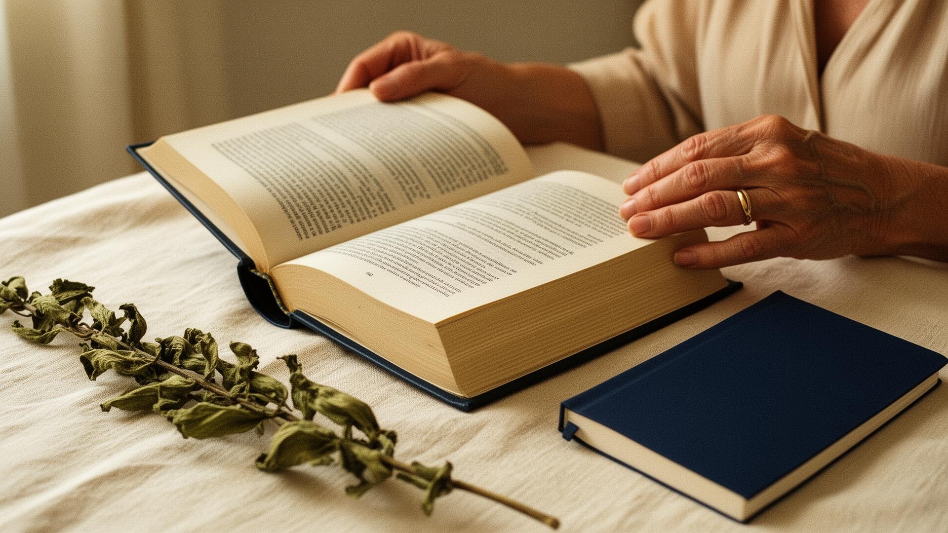 Manos leyendo un libro de derecho sobre un mantel de lino color vainilla, junto a una libreta azul marino y una rama de hojas verdes.